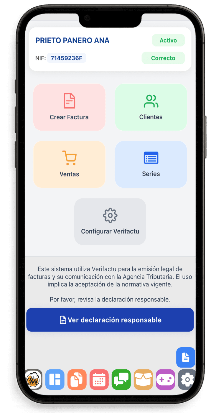 Panel de facturación VeriFactu con accesos a reservas, turno y facturas