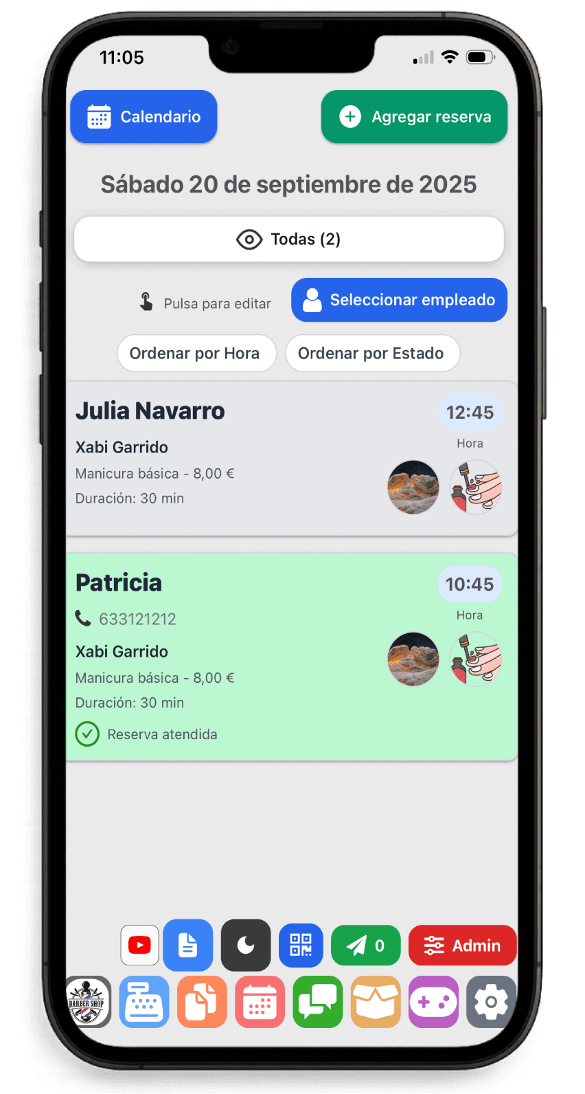 Vista reservas servios por turnos y empleados